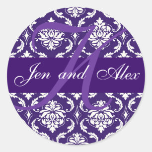 Wedding Monogram K Purple Damask Favour Sticker