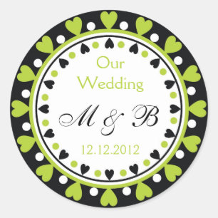 Wedding Monogram - Leaf Green Hearts Classic Round Sticker