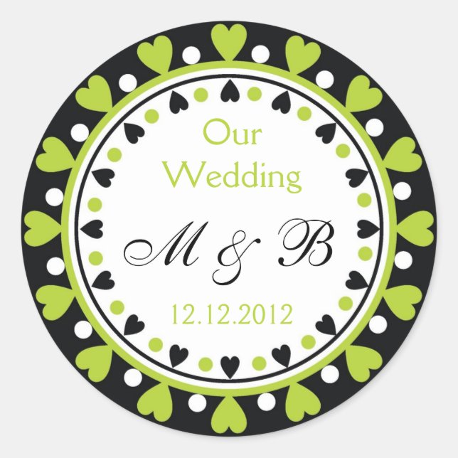 Wedding Monogram - Leaf Green Hearts Classic Round Sticker (Front)