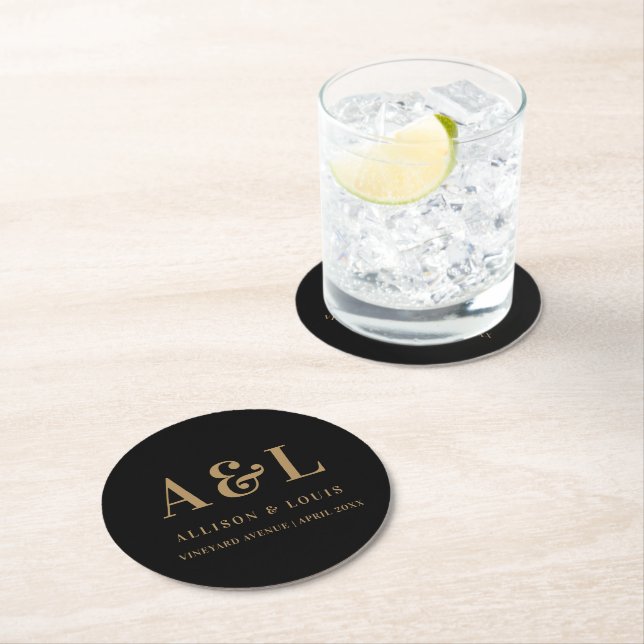 Wedding Monogram Minimalist Black Gold Round Paper Coaster (Insitu)
