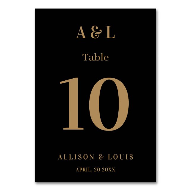Wedding Monogram Minimalist Black Gold Table Number (Front)