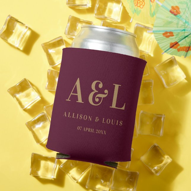 Wedding Monogram Minimalist Burgundy Gold Can Cooler (In Situ Summer)