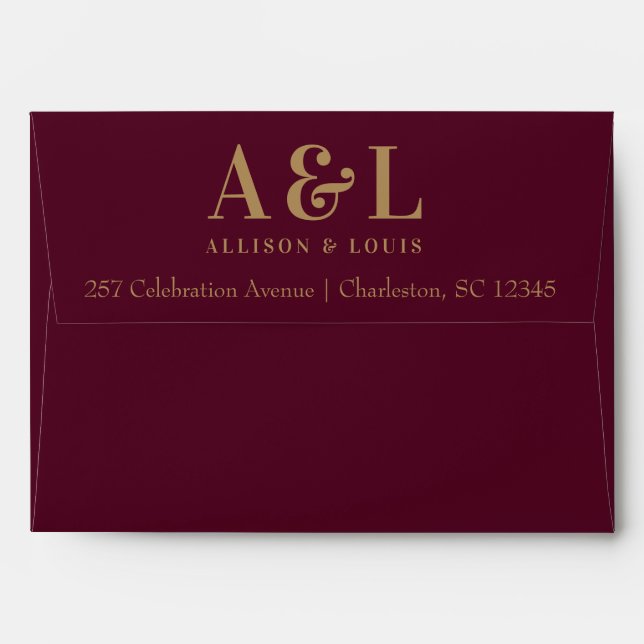 Wedding Monogram Minimalist Burgundy Gold Envelope (Back (Top Flap))