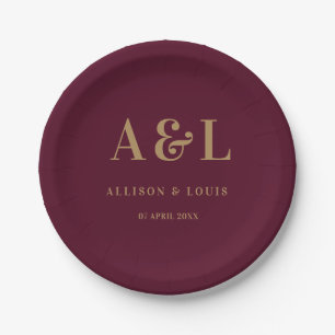 Wedding Monogram Minimalist Burgundy Gold Paper Plate
