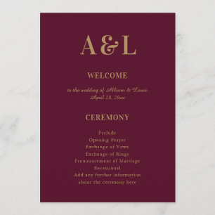 Wedding Monogram Minimalist Burgundy Gold Programme
