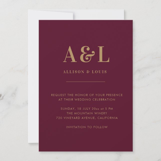 Wedding Monogram Minimalist Burgundy Gold Save The Date (Front)