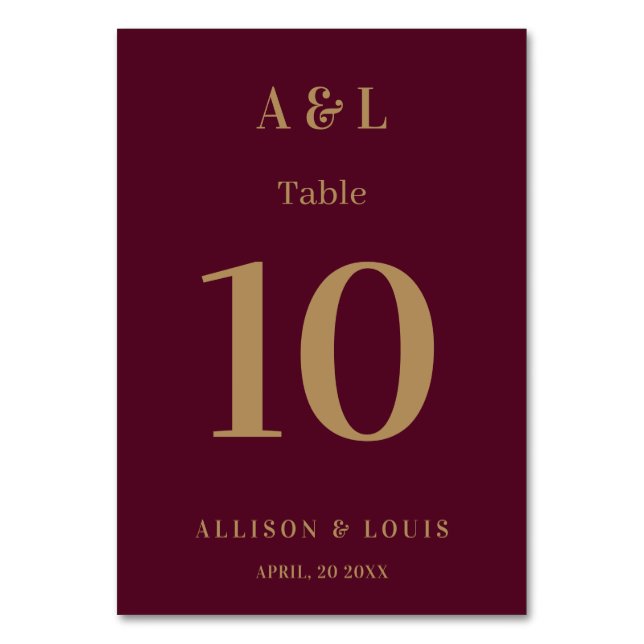 Wedding Monogram Minimalist Burgundy Gold Table Number (Front)