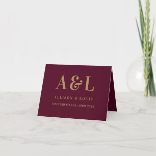 Wedding Monogram Minimalist Burgundy Gold Thank You Card