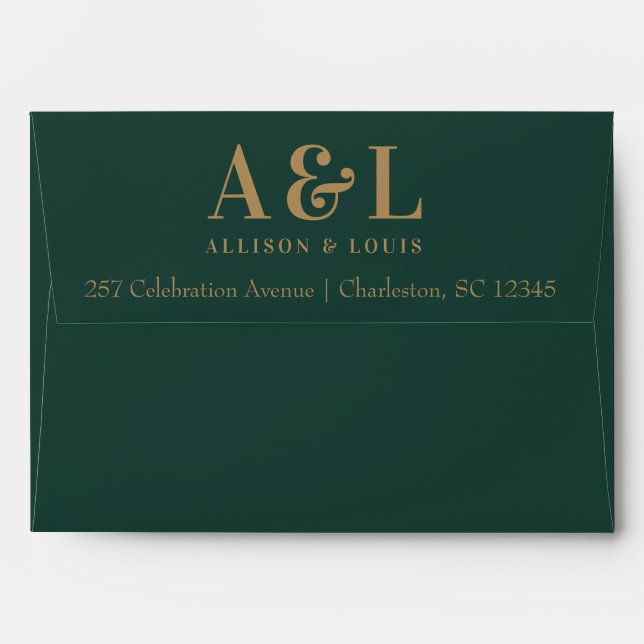 Wedding Monogram Minimalist Emerald Green Gold Envelope (Back (Top Flap))