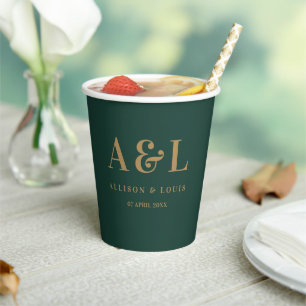 Wedding Monogram Minimalist Emerald Green Gold Paper Cups