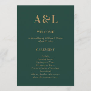 Wedding Monogram Minimalist Emerald Green Gold Programme