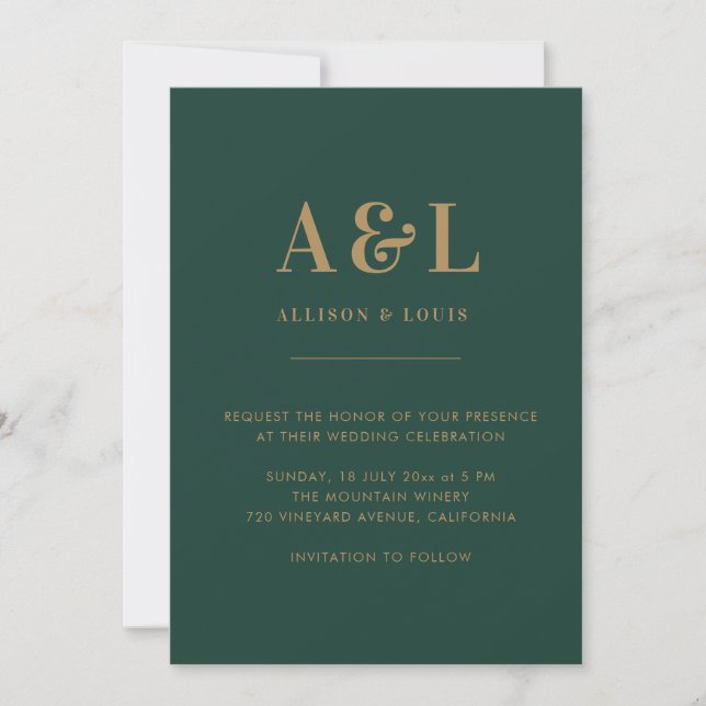 Wedding Monogram Minimalist Emerald Green Gold Save The Date (Front)