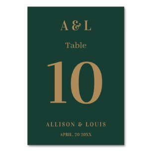 Wedding Monogram Minimalist Emerald Green Gold Table Number