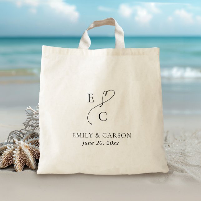 Wedding Monogram Minimalist Simple Elegant Black Tote Bag (Creator Uploaded)