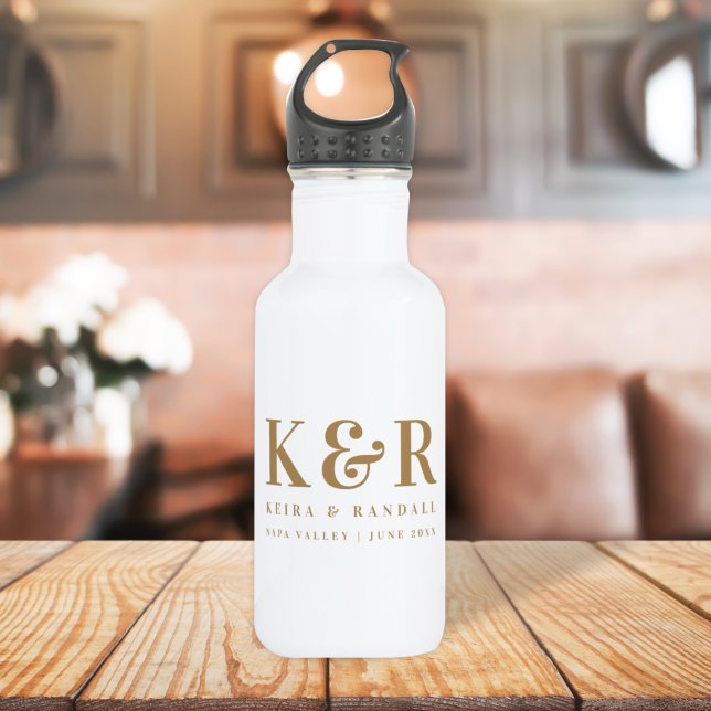 Wedding Monogram Minimalist Simple Gold and White 532 Ml Water Bottle (Creator Uploaded)