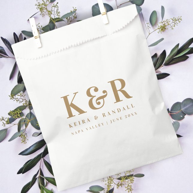 Wedding Monogram Minimalist Simple Gold and White Favour Bags (Creator Uploaded)