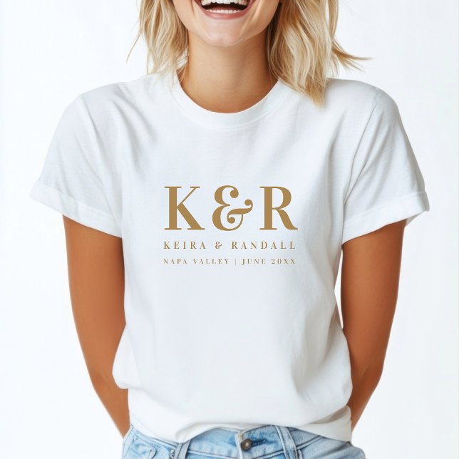 Wedding Monogram Minimalist Simple Gold and White T-Shirt (Creator Uploaded)