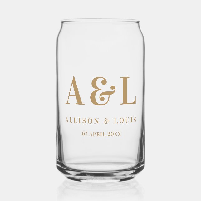 Wedding Monogram Minimalist White Gold Can Glass (Front)