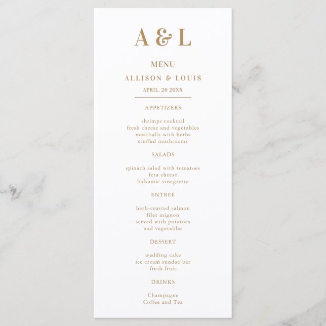 Wedding Monogram Minimalist White Gold Menu (Front)