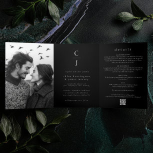 Wedding Monogram Modern Black Photo QR Code Tri-Fold Invitation