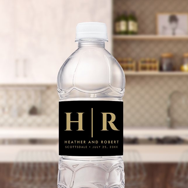 Wedding Monogram Modern Custom Bride and Groom Water Bottle Label (Creator Uploaded)