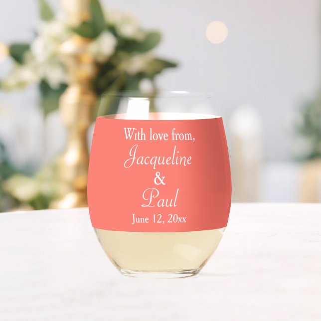 Wedding Monogram Names Coral White Stemless Wine Glass (Insitu (Wedding))