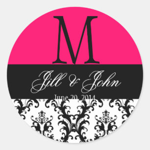 Wedding Monogram Names Damask Hot Pink Seal