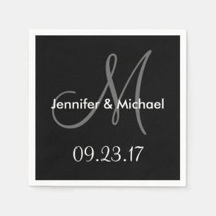 Wedding Monogram Names Date Black White Grey Napkin