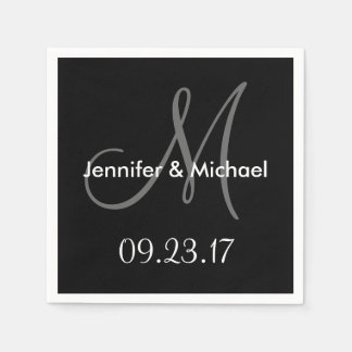 Wedding Monogram Names Date Black White Grey Napkin