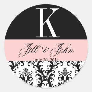 Wedding Monogram Names Date Damask Black & Pink Classic Round Sticker