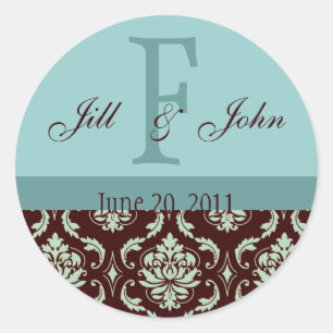 Wedding Monogram Names Date Damask Brown Blue Classic Round Sticker
