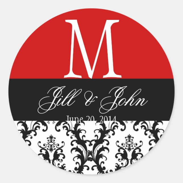 Wedding Monogram Names Date Damask Red Seal (Front)