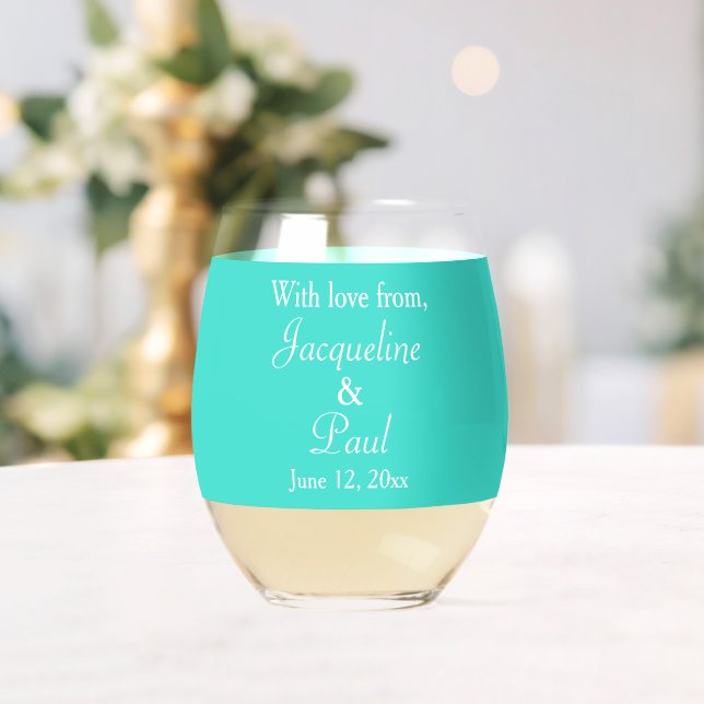 Wedding Monogram Names Turquoise White Stemless Wine Glass (Insitu (Wedding))