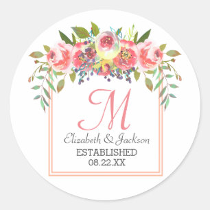 Wedding Monogram Peach Watercolor Floral Wreath Classic Round Sticker