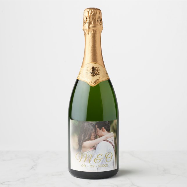 Wedding Monogram Photo Sparkling Wine Label (Front)