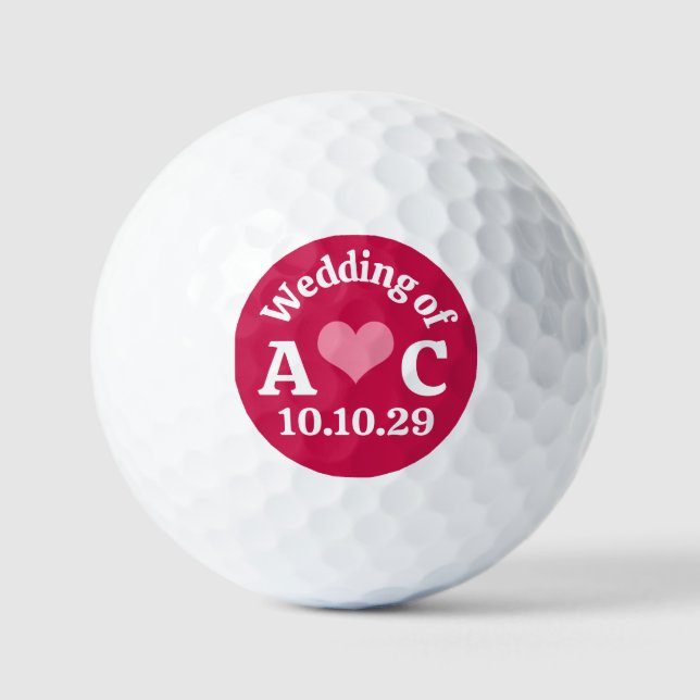 WEDDING Monogram Pink Heart & Crimson Background Golf Balls (Front)