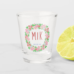Wedding Monogram Pretty Floral Wreath Married Date Shot Glass
