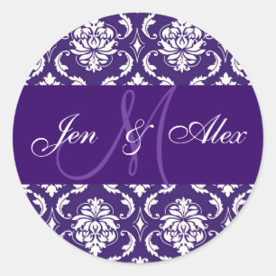 Wedding Monogram Purple Damask Sticker