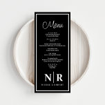 Wedding Monogram Reception Or Engagement Dinner Menu<br><div class="desc">Introducing our Black And White Wedding Monogram Reception Or Engagement Dinner Menus, the epitome of timeless elegance and personalised sophistication for your special celebration. Crafted with meticulous attention to detail, these menus elevate your reception or engagement dinner with their sleek black and white design, creating a refined ambiance that complements...</div>