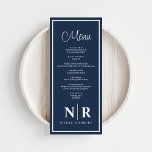 Wedding Monogram Reception Or Engagement Dinner Menu<br><div class="desc">Elevate your special occasions with our Navy Blue and White Wedding Monogram Reception or Engagement Dinner Menus, a perfect blend of elegance and personalisation. Designed with a sophisticated navy blue backdrop and crisp white accents, these menus add a touch of refined charm to your wedding, rehearsal dinner, or engagement party....</div>