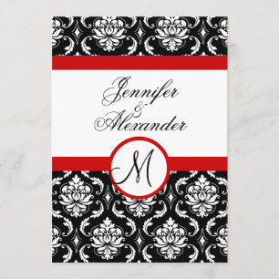 Wedding Monogram Red Damask Invitation Front View