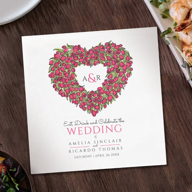 Wedding monogram red tulips wreath ink drawing napkin (Creator Uploaded)