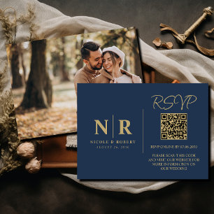 Wedding Monogram RSVP QR Code Photo Elegant Enclosure Card
