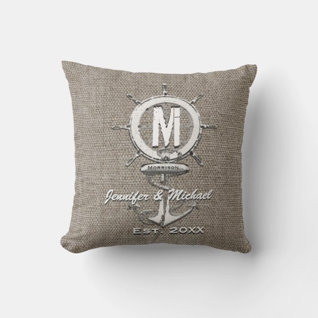 Wedding Monogram Rustic Linen Anchor Cushion (Front)