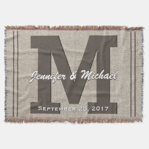 Wedding Monogram Rustic Linen Look Throw Blanket