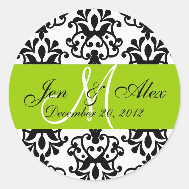 Wedding Monogram Save Date Damask Green Seal (Front)