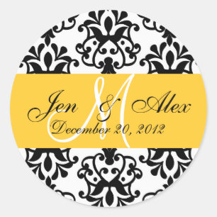 Wedding Monogram Save Date Yellow Damask Seal