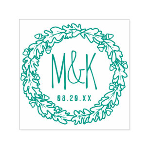 Wedding Monogram Save the Date Oak Acorn Wreath Self-inking Stamp