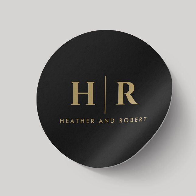Wedding Monogram Simple Classic Chic Black Gold Classic Round Sticker (Creator Uploaded)
