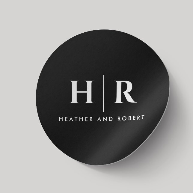 Wedding Monogram Simple Classic Chic Minimal Black Round Sticker (Creator Uploaded)